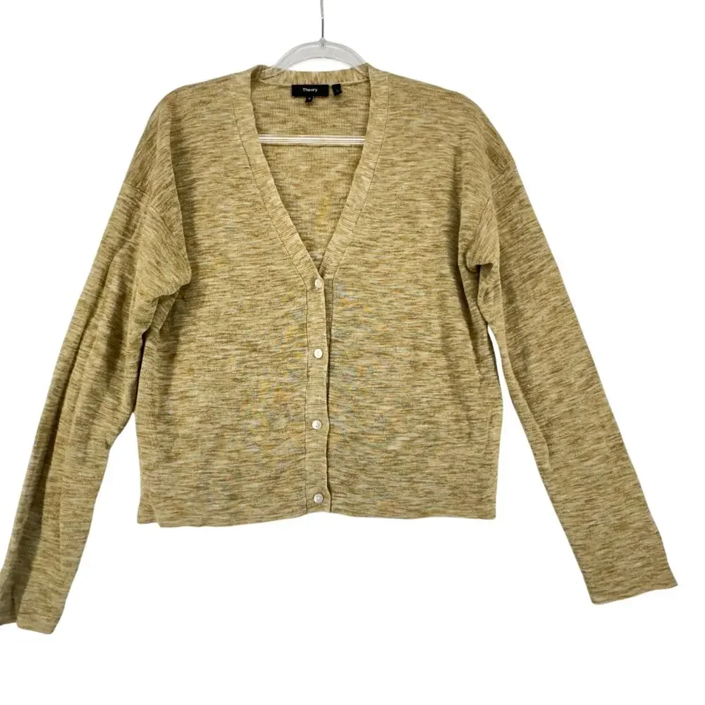 Theory Linen Blend Hanalee Button Cardigan SZ M Minimalist Neutral Light Knit - Picture 3 of 7